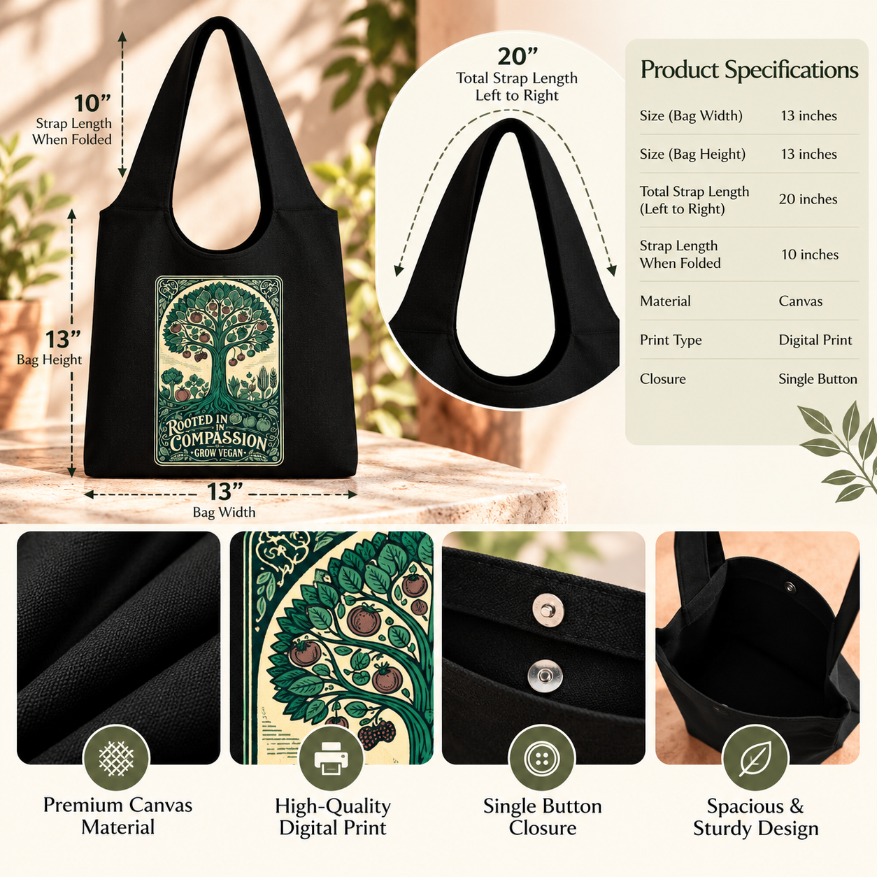 Rooted in Compassion Vegan Tote Bag - Image 3