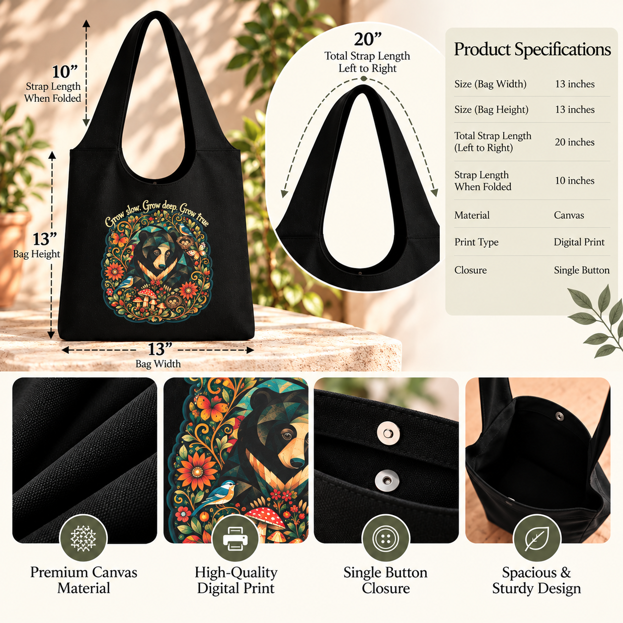 Woodland Bear Nature-Inspired Canvas Tote - Image 3